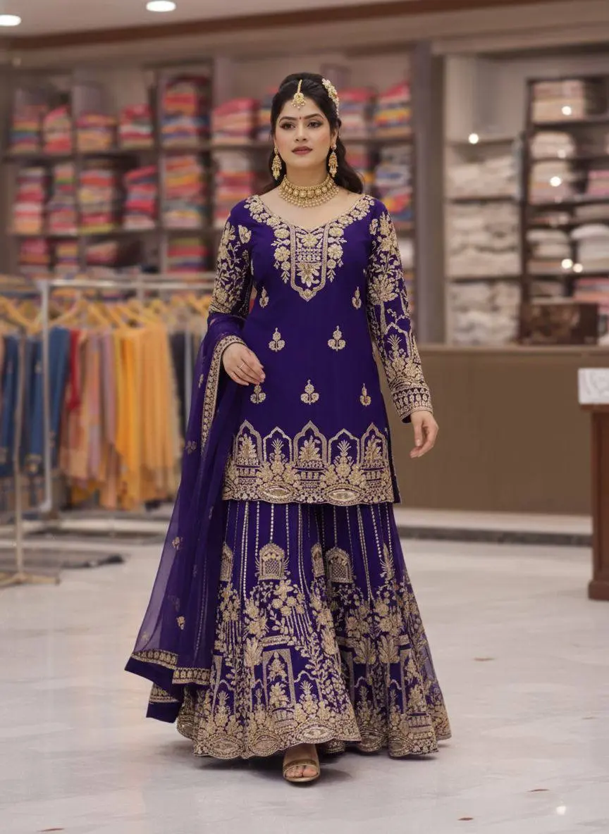 C585 1458 Blue Georgette Party Wear Kurti With Sharara Collection