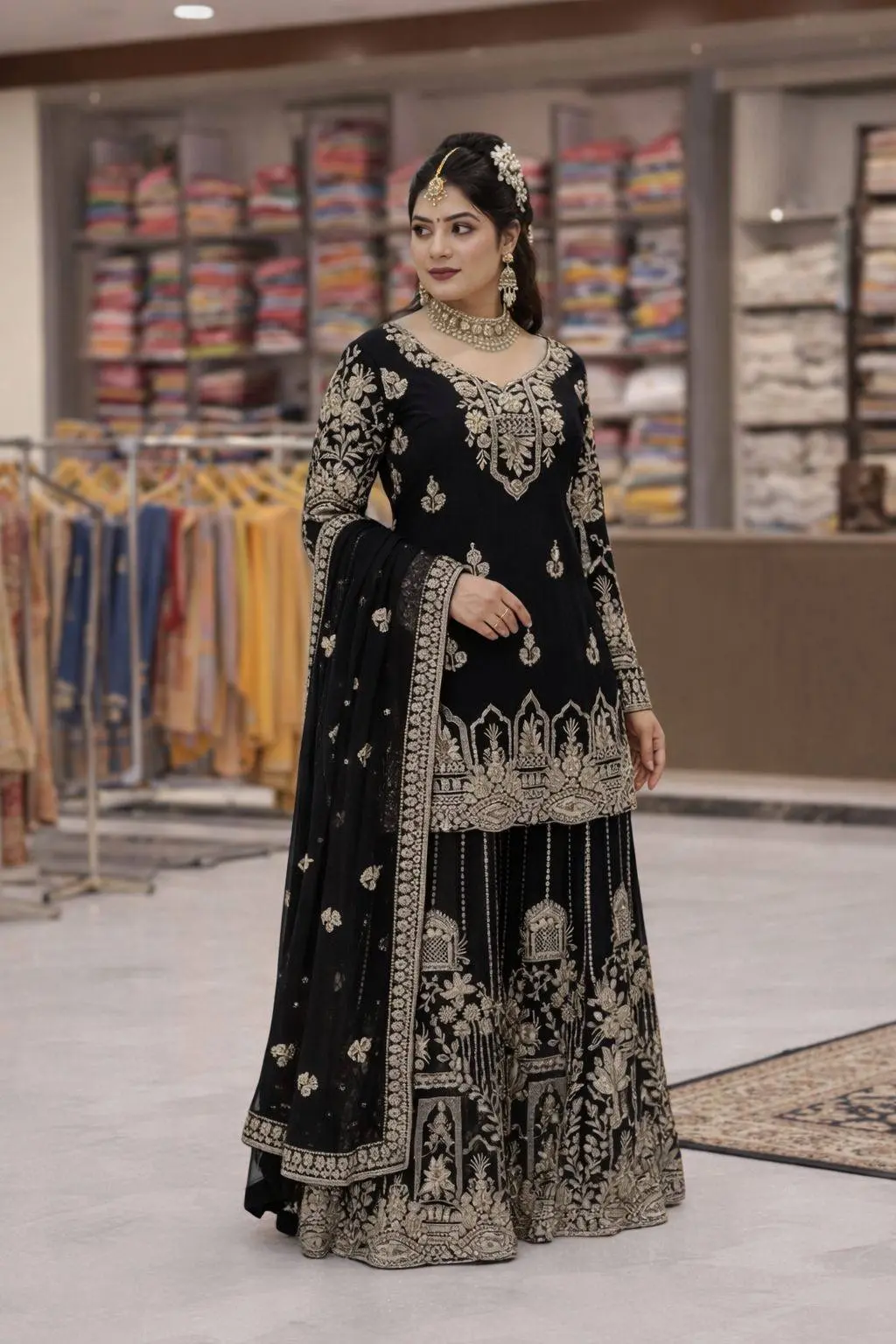 C585 1458 Gergette Black Pakistani Readymade Sharara Suit Collection