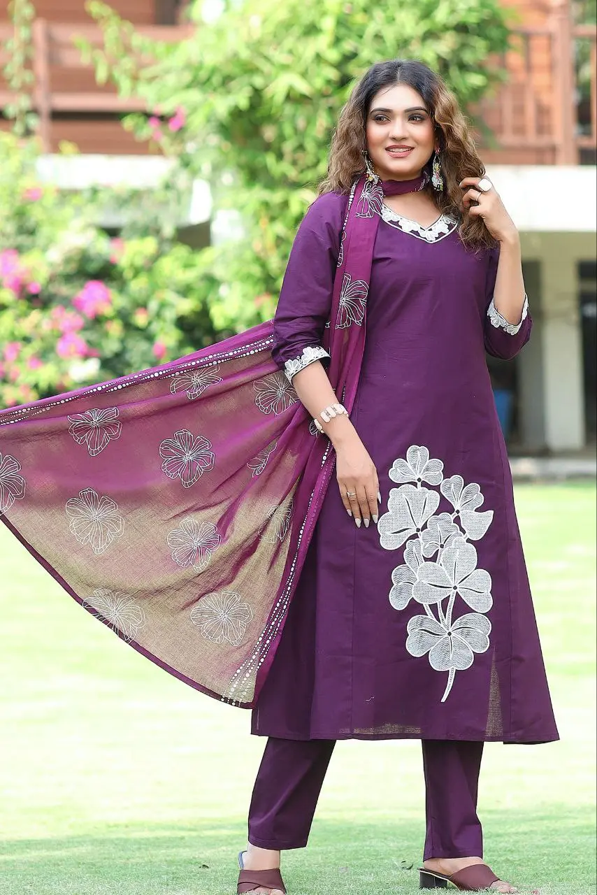 KR 404 Purple Pure Cotton A-Line Kurti Pant Dupatta Set
