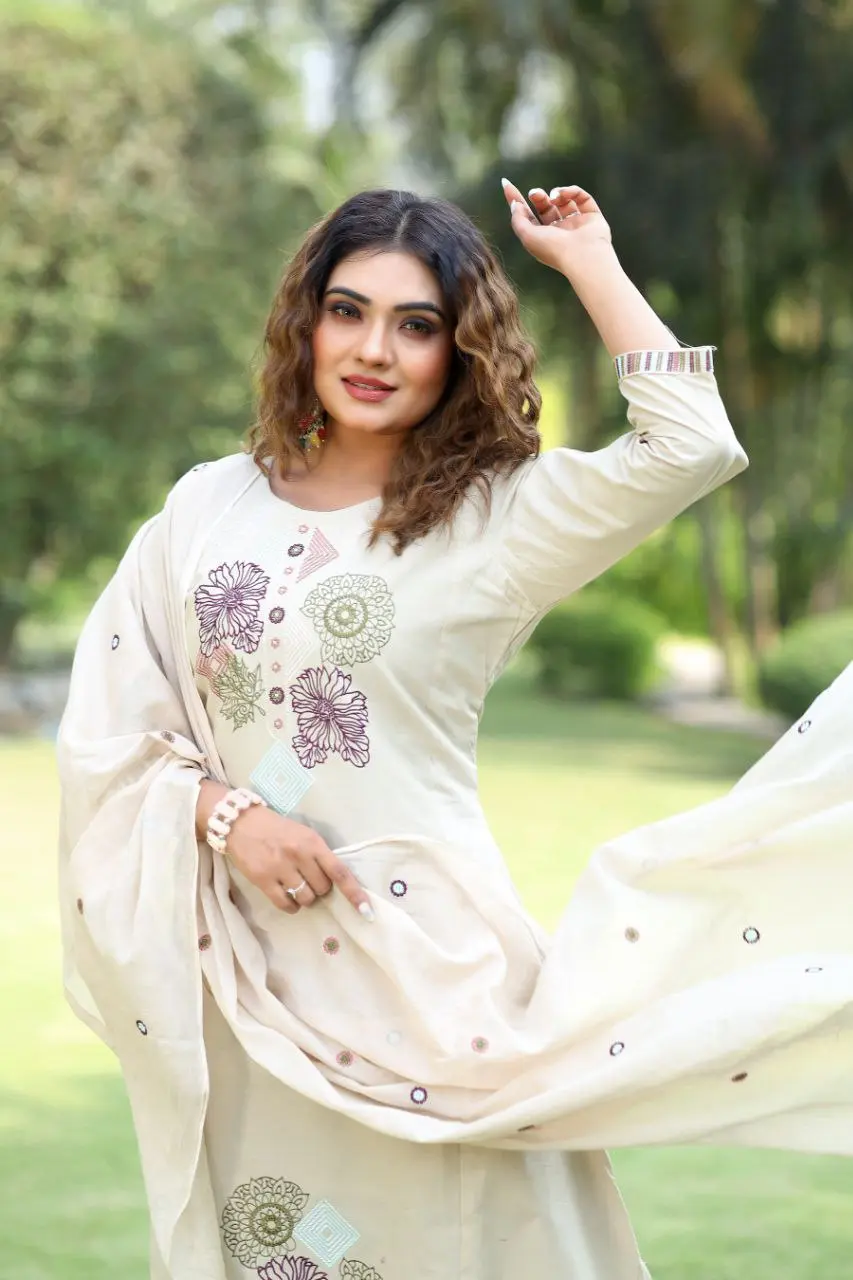 KR 404 Cream Pure Cotton A-Line Kurti Pant Dupatta With Embroidery Work