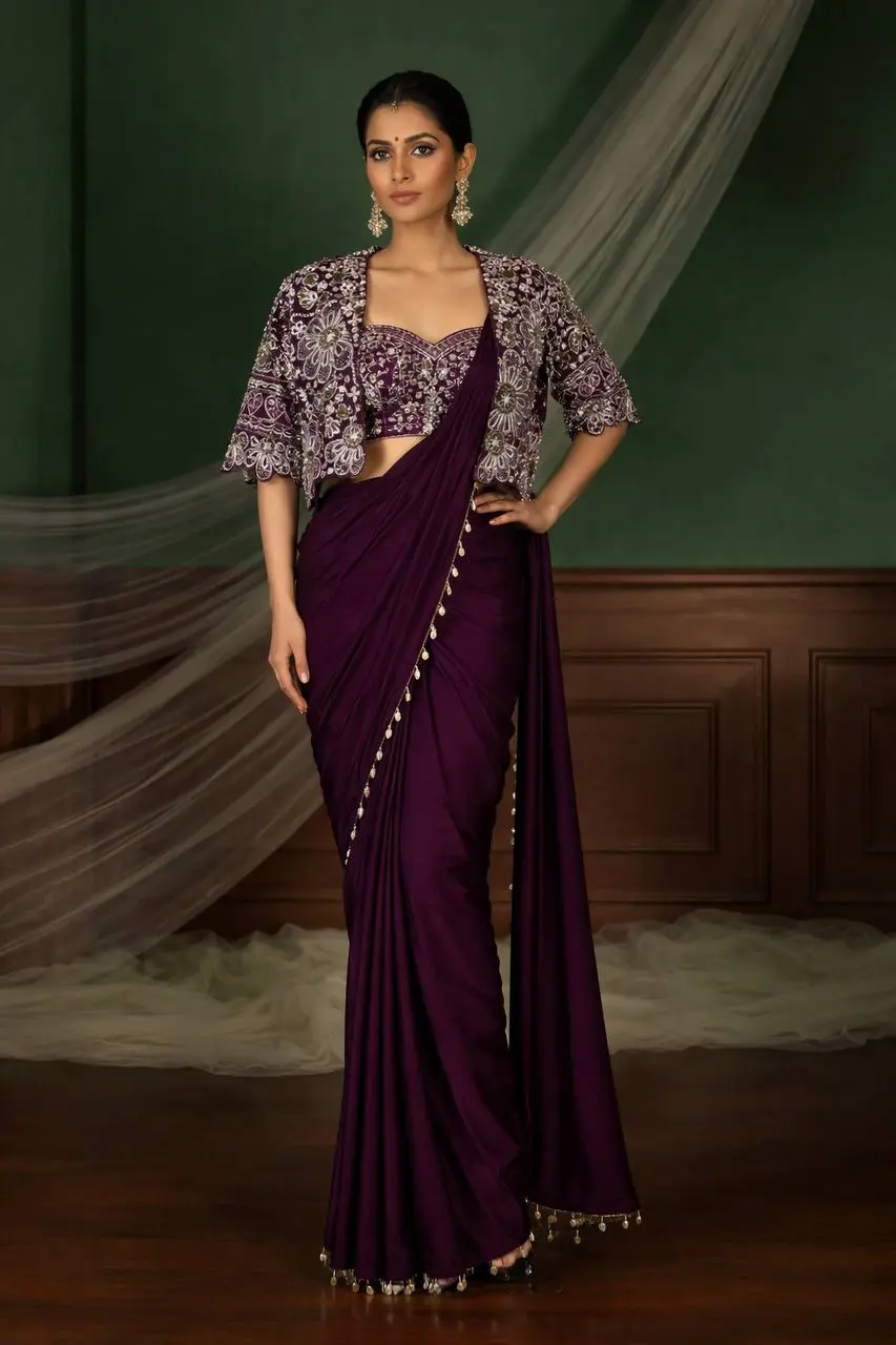 Madhuri 59 Heavy Crap Silk Ready To Wear Saree With Jacket Designer Blouse Sleeve Less