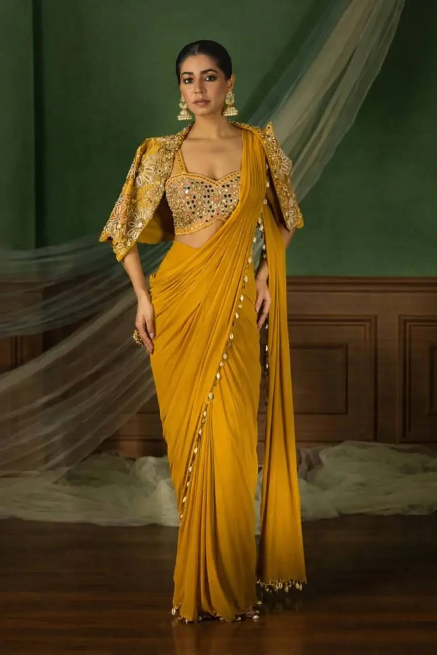 Madhuri 59 Yellow Heavy Crap Silk Saree Ready To Wear With Koti Strip Blouse