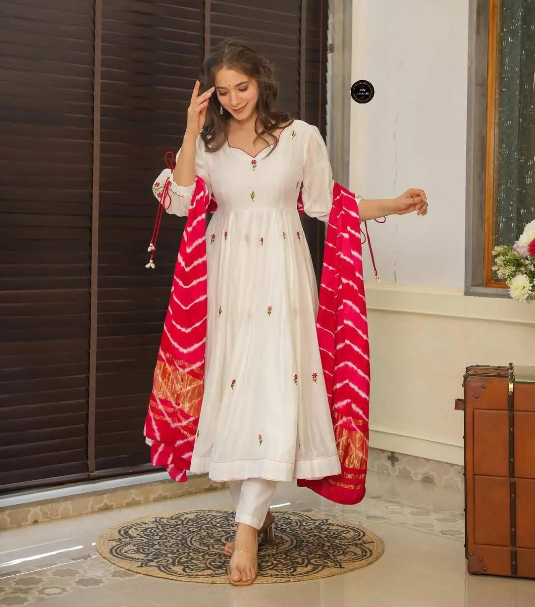 Laxmy 2112 Chanderi Cotton White Anarkali Kurti Pant With Red Dupatta