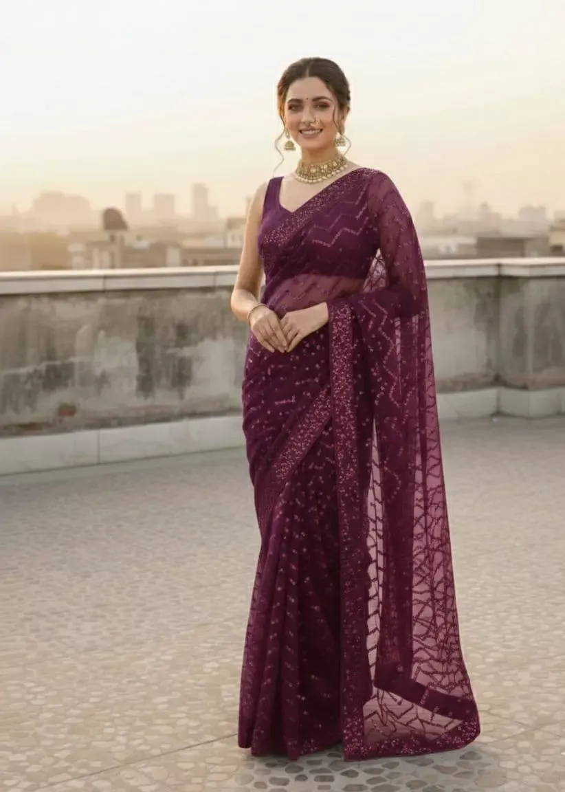 Kusum 833 Wine Georgette Saree Heavy Sequence Saree