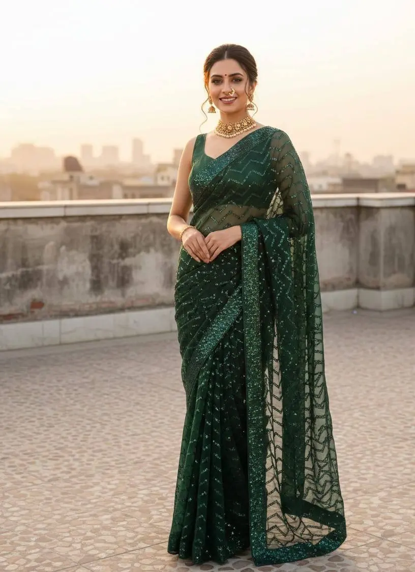 Kusum 833 Green Georgette Saree Heavy Sequence Saree