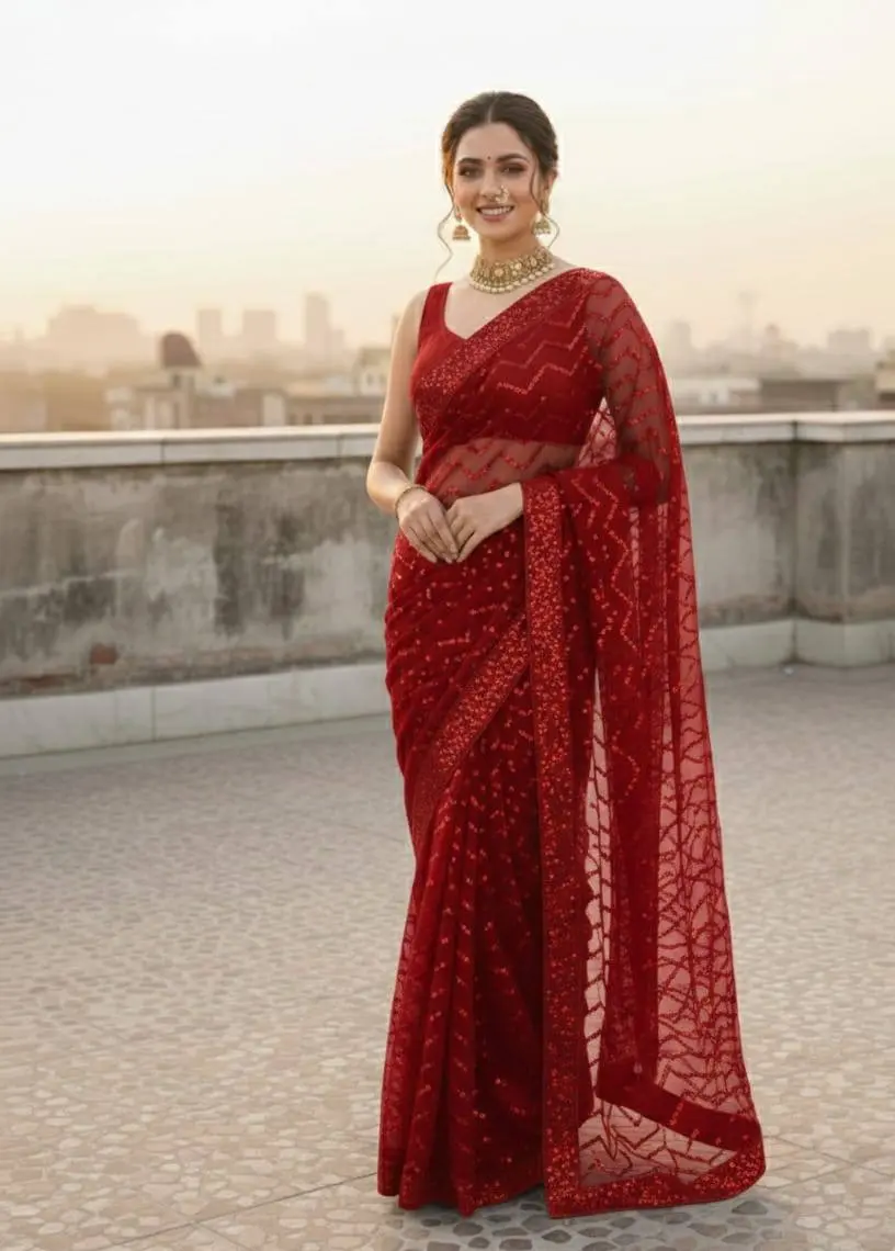 Kusum 833 Red Georgette Party Wear Saree Heavy Sequence Saree