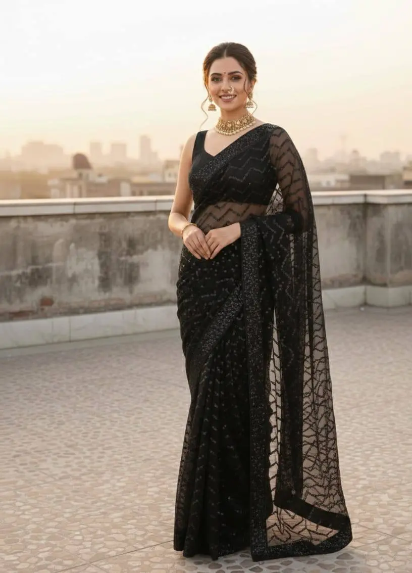 Kusum 833 Black Georgette Saree Heavy Sequence Saree