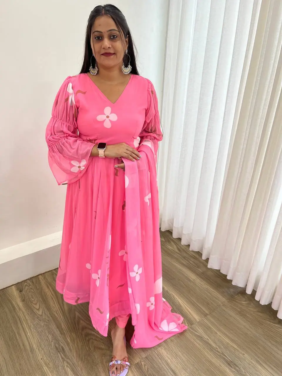 Alia Georgette Baby Pink Designers Printed Frock Gown Collection