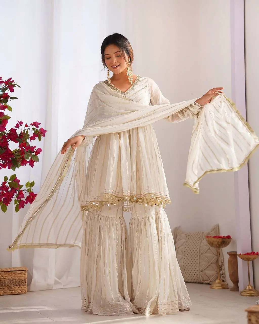 Sabina 5300 White Mal Chanderi Festival Readymade Sharara Suit