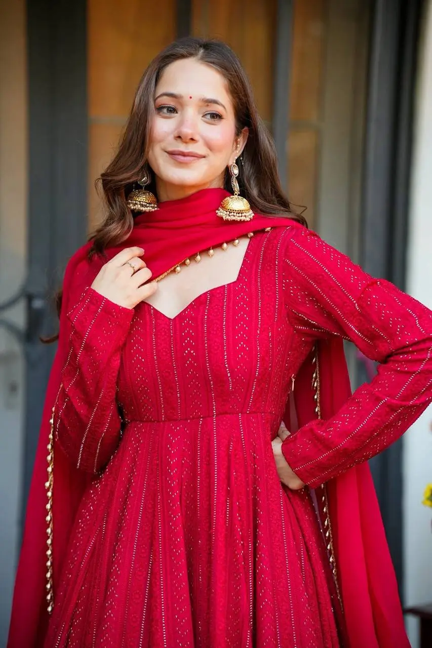 STD 6107 Red Faux Blooming Anarkali Gown Pant Dupatta With Lucknowi Work