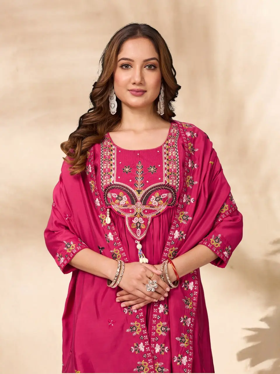 Lila 139 Roman Silk Anarkali Pink Kurti pant Dupatta With Embroidery Work