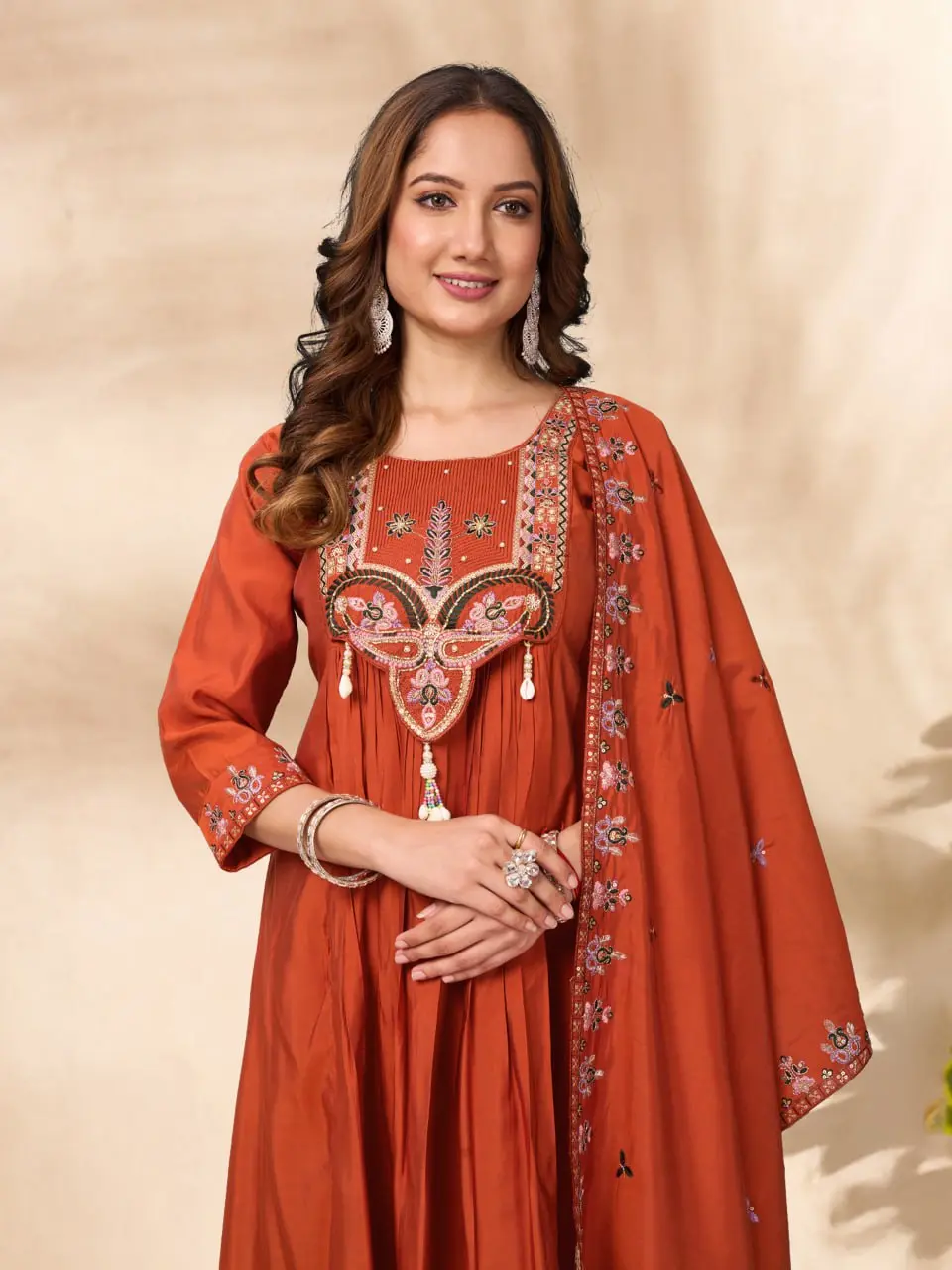 Lila 139 Roman Silk Orange Anarkali Kurti pant Dupatta With Embroidery Work