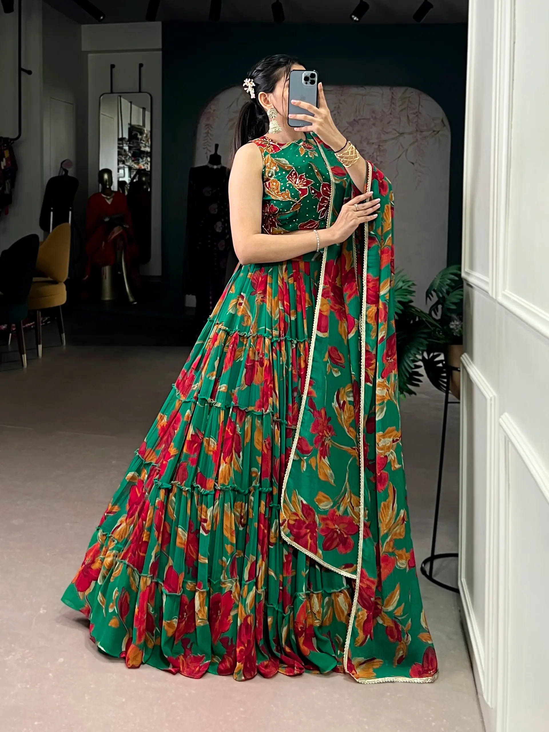 WMN 1145 Marble Green Printed Lehenga Choli For Women
