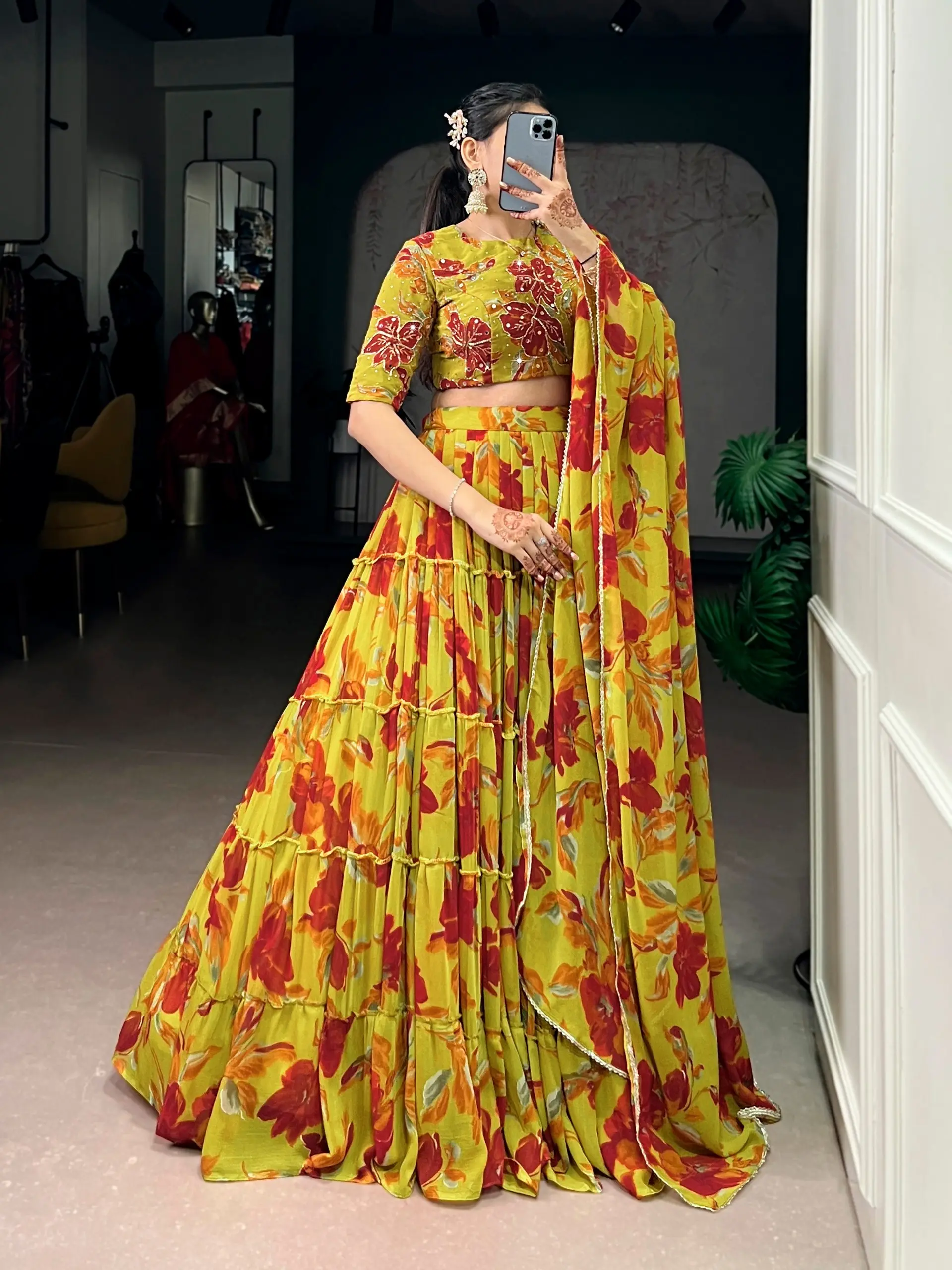 WMN 1145 Marble Yellow Printed Lehenga Choli Party Wear Collection