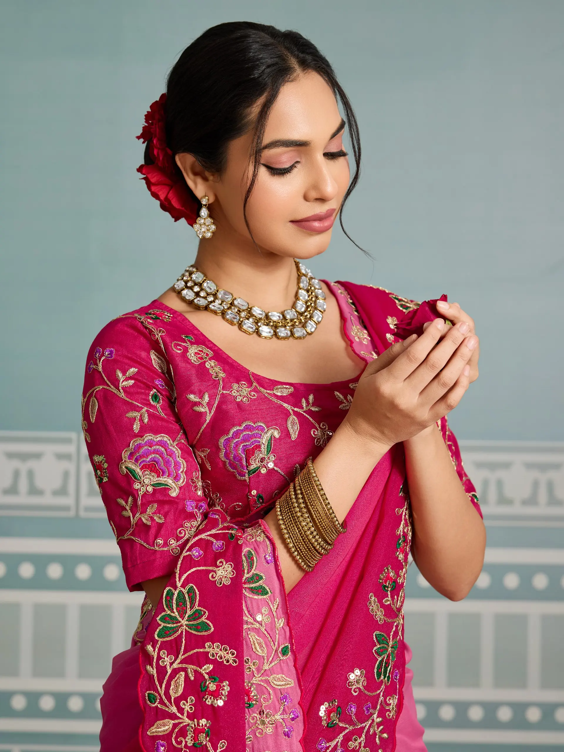 Kiara Virali Pink Soft Georgette Padding Saree With Embroidery Work