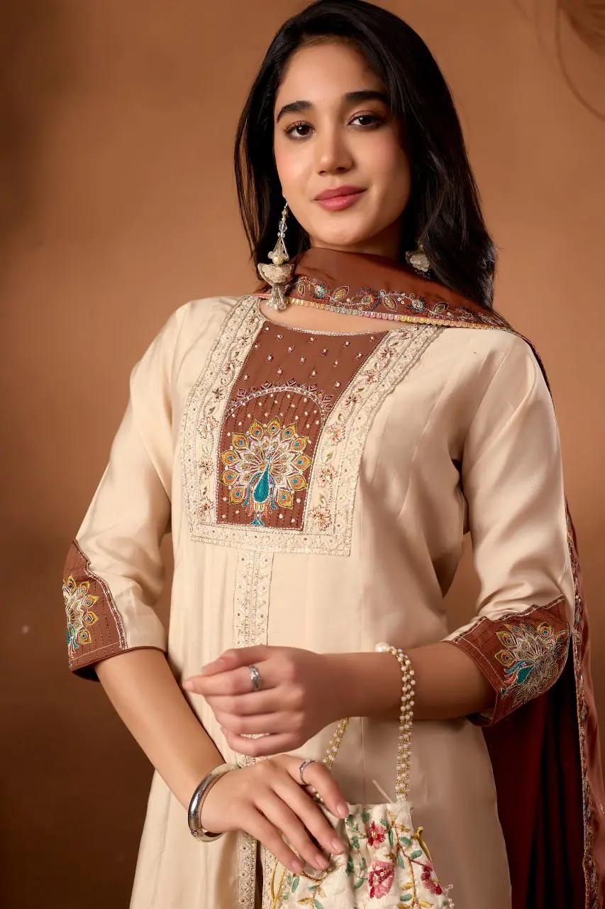 Lila 150 Anarkali Cream Roman Silk Kurti Palazzo With Dupatta Collection