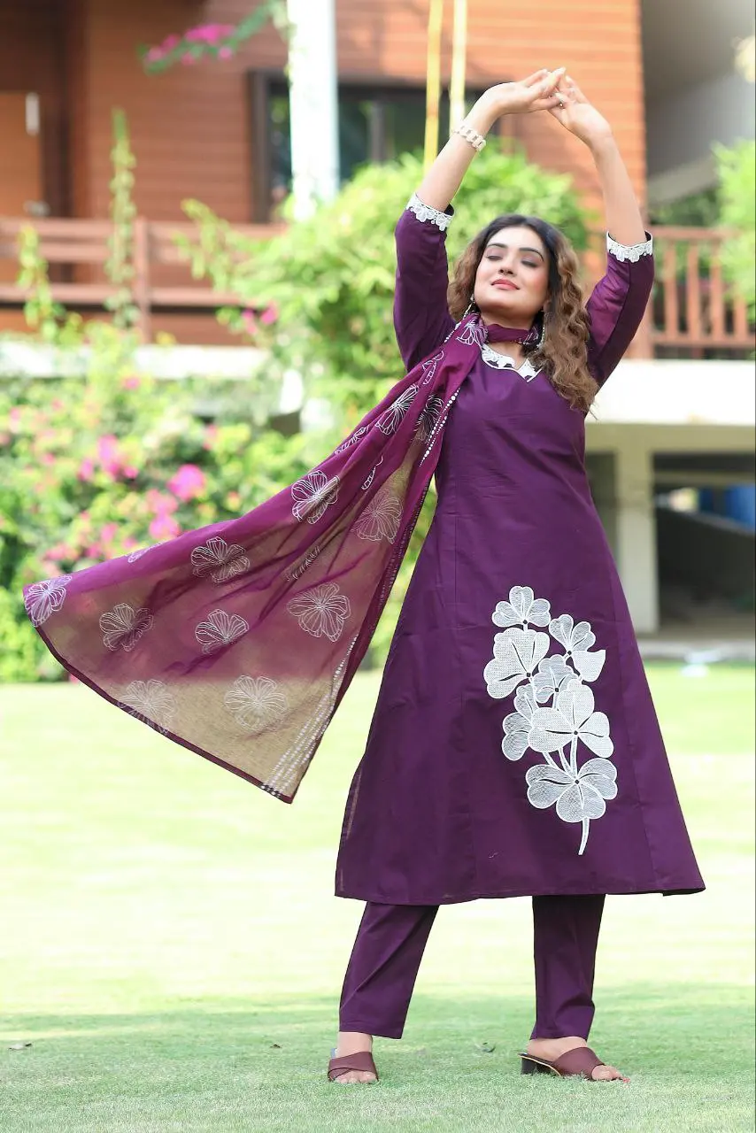 KR 404 Purple Pure Cotton A-Line Kurti Pant Dupatta Set