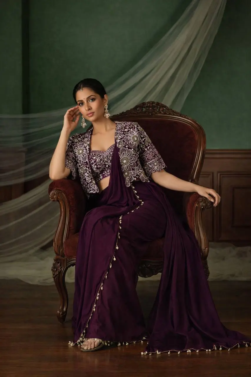 Madhuri 59 Heavy Crap Silk Ready To Wear Saree With Jacket Designer Blouse Sleeve Less