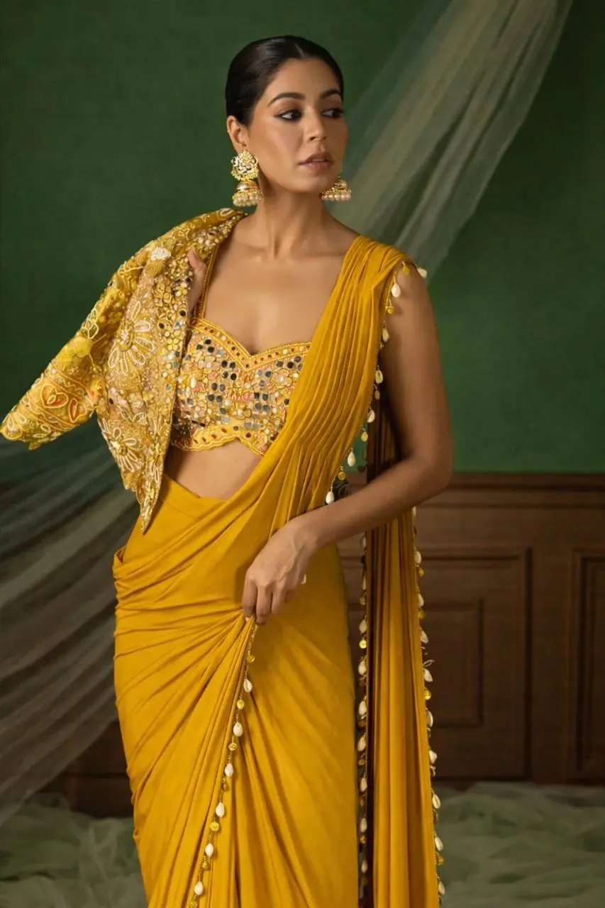 Madhuri 59 Yellow Heavy Crap Silk Saree Ready To Wear With Koti Strip Blouse