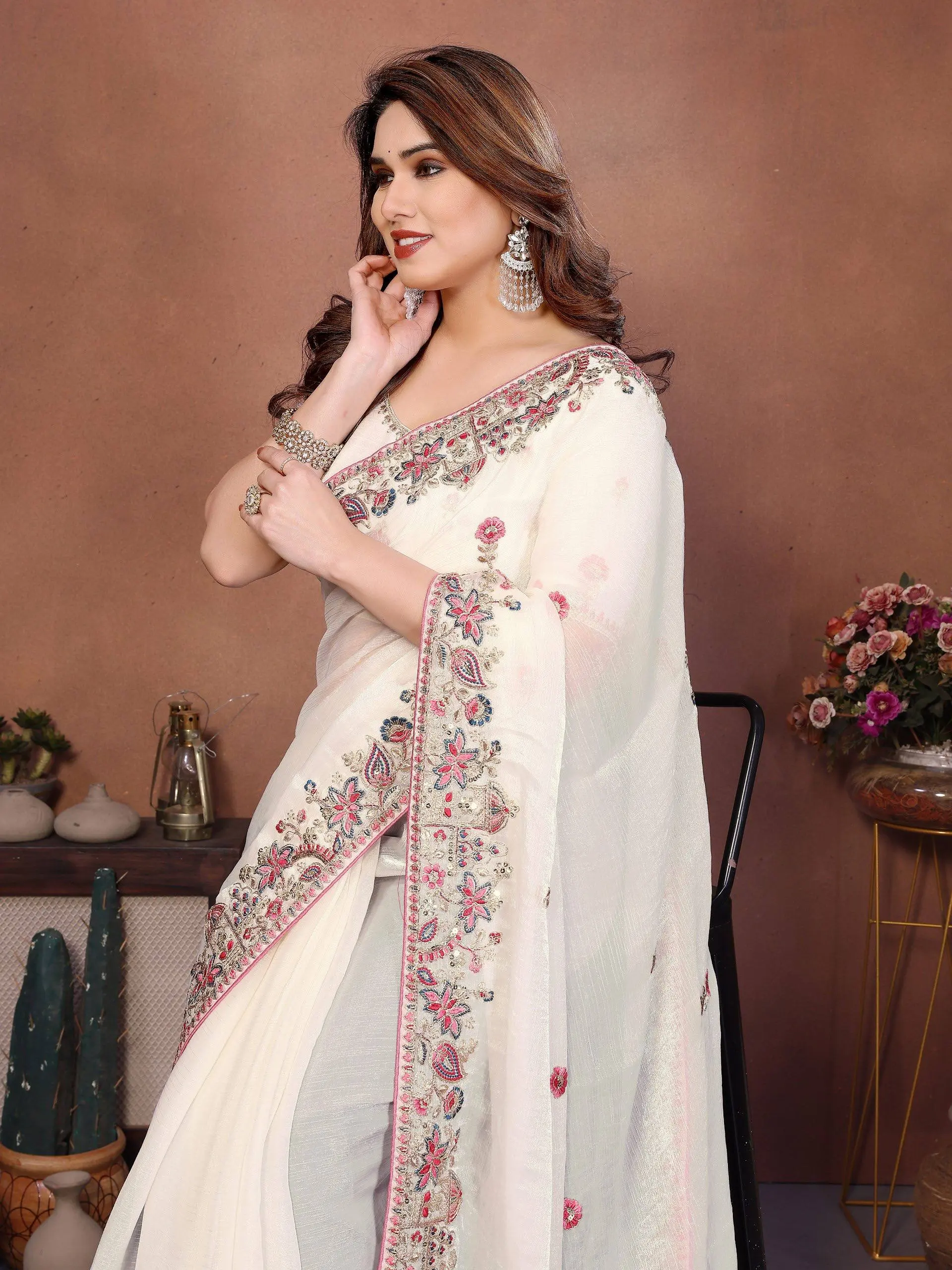 Kiara Gucci3 Party Wear White Soft Fendy Chiffon Silk Saree