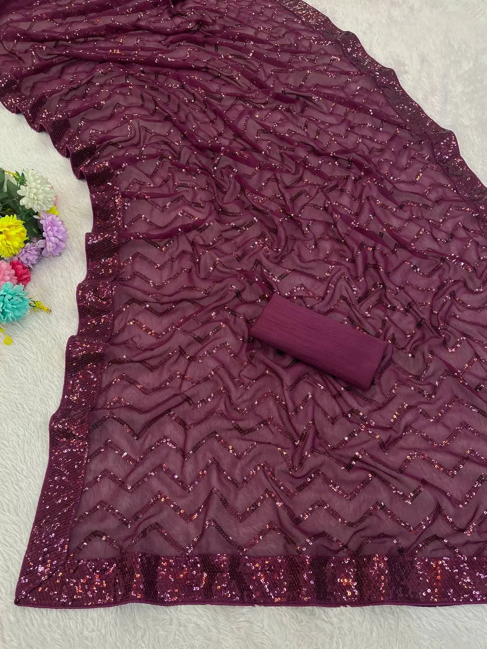 Kusum 833 Wine Georgette Saree Heavy Sequence Saree