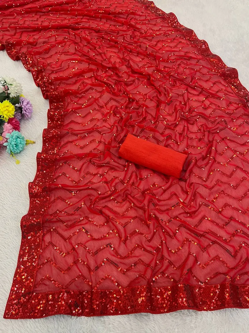 Kusum 833 Red Georgette Party Wear Saree Heavy Sequence Saree