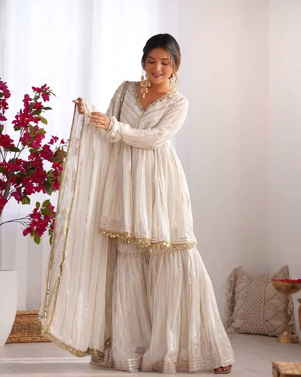 Sabina 5300 White Mal Chanderi Festival Readymade Sharara Suit