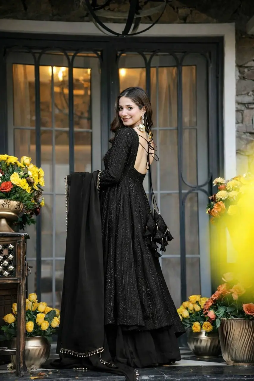 STD 6107 Faux Blooming Black Anarkali Gown Pant Dupatta With Sequence Work