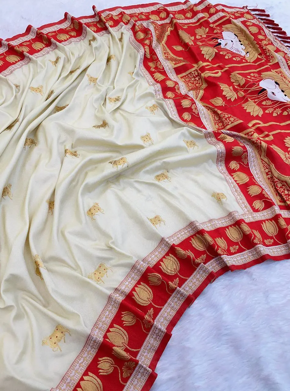 Laxmi 981 Premium Soft Silk White Saree With Red Border