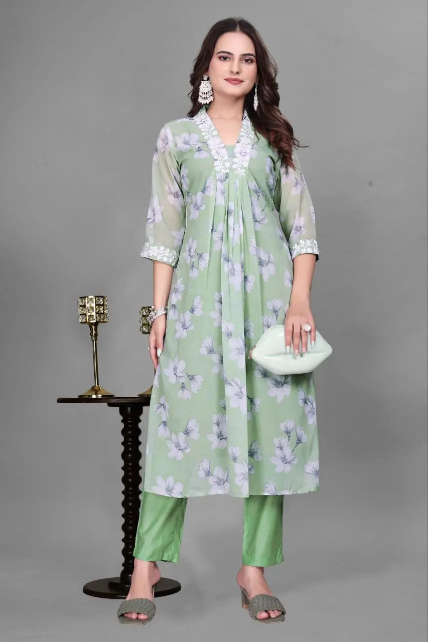 RM Georgette Back kurti Pant With Chikankari Lace