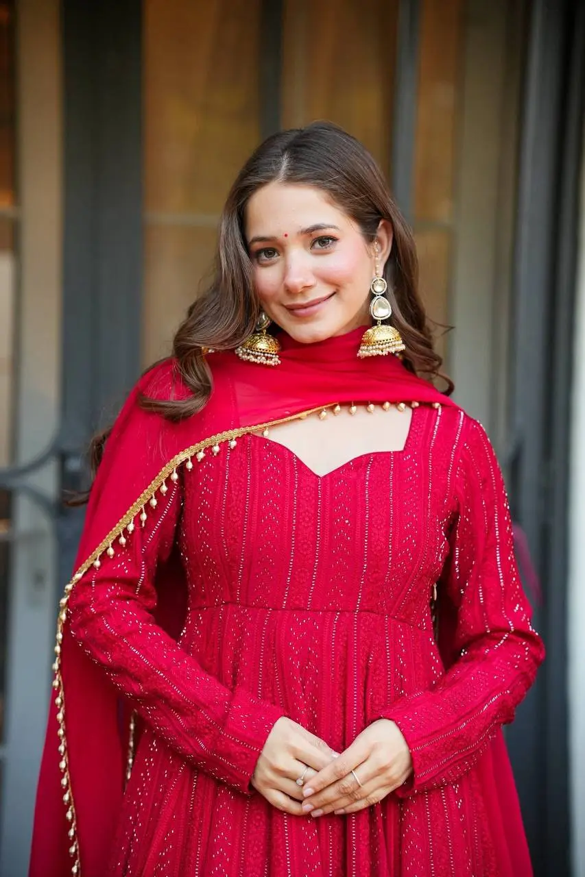 STD 6107 Red Faux Blooming Anarkali Gown Pant Dupatta With Lucknowi Work