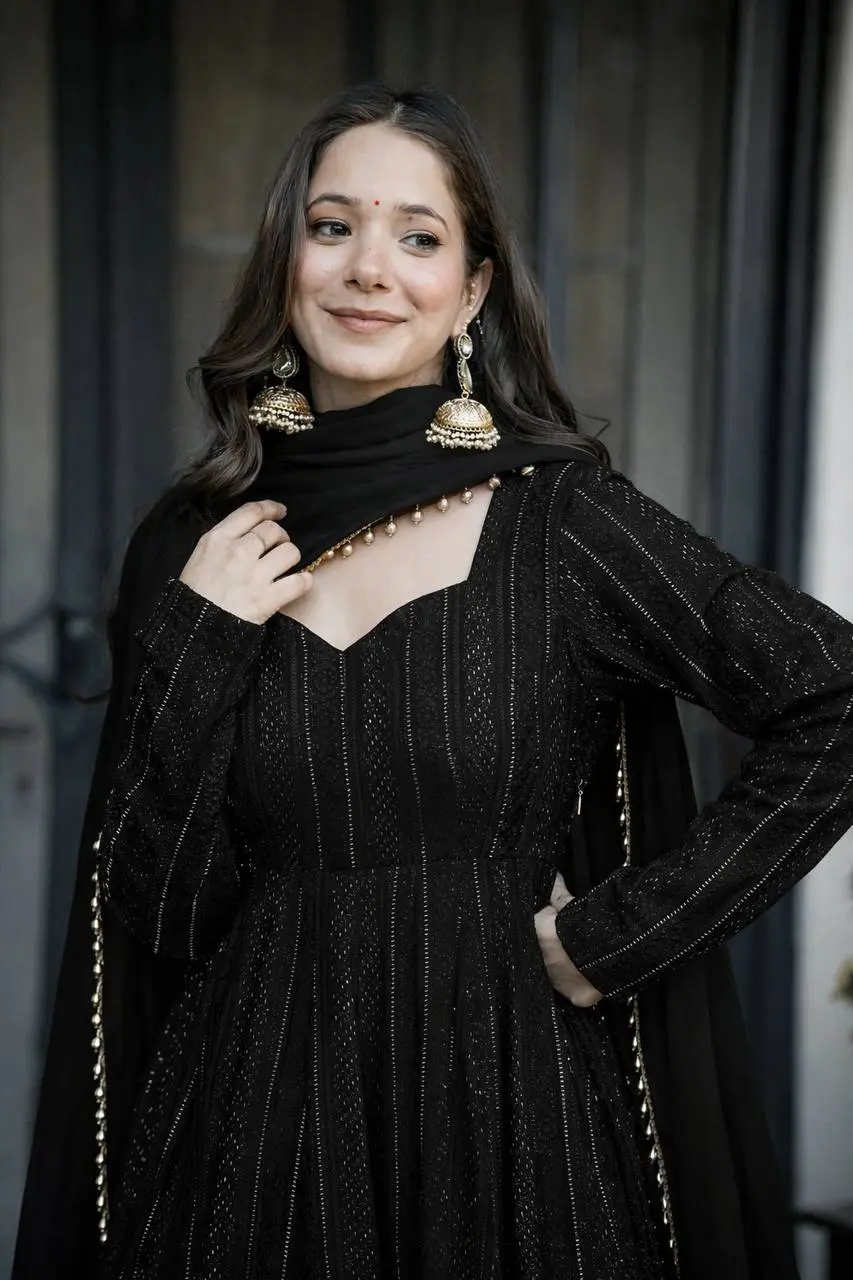 STD 6107 Faux Blooming Black Anarkali Gown Pant Dupatta With Sequence Work