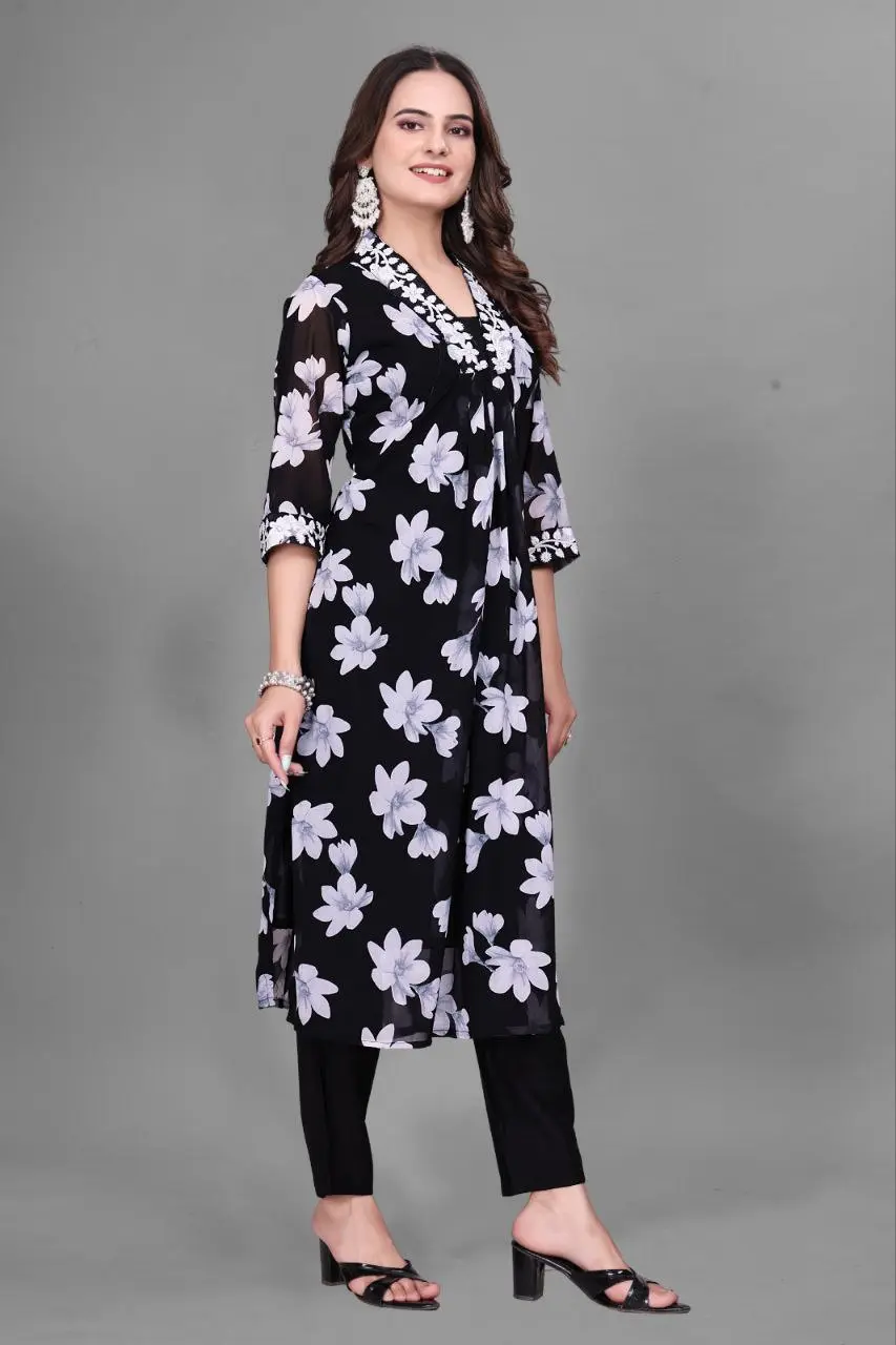 RM Georgette Back kurti Pant With Chikankari Lace