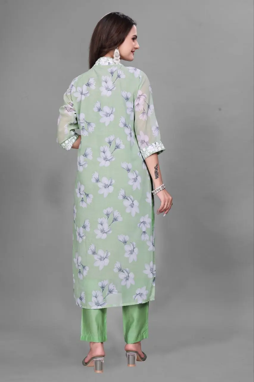 RM Georgette Back kurti Pant With Chikankari Lace