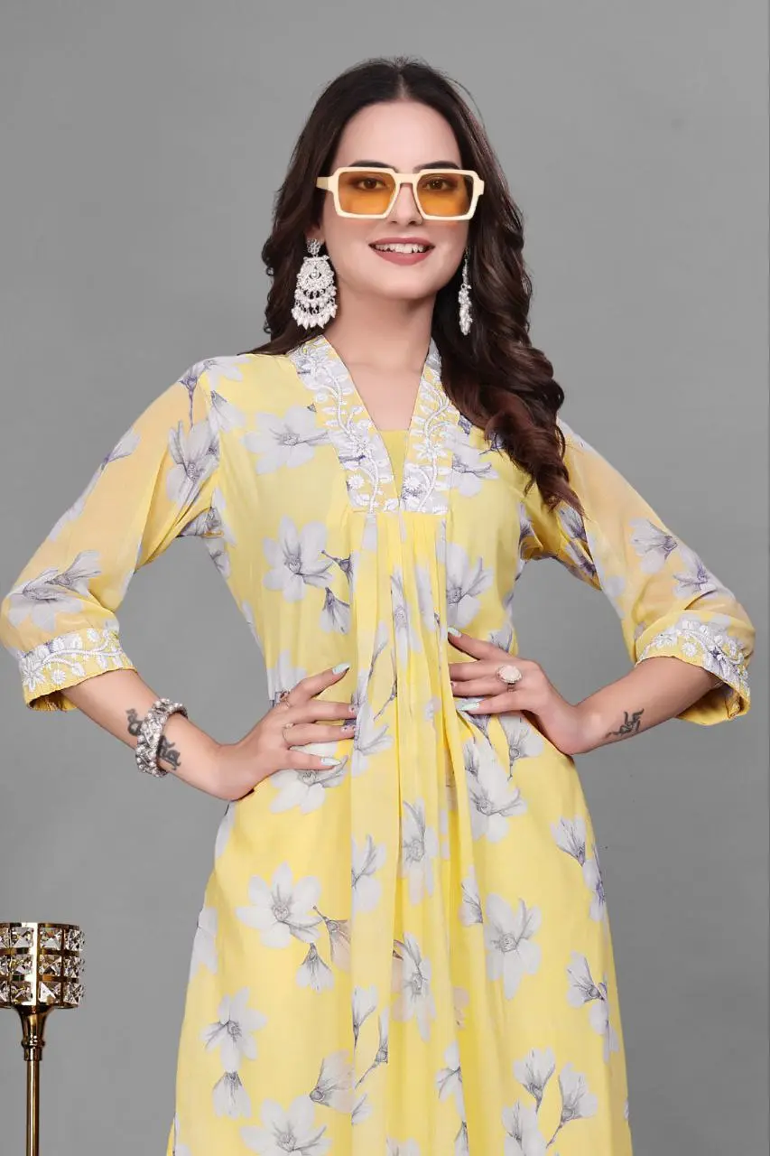 RM Georgette Yellow kurti Pant With Chikankari Lace