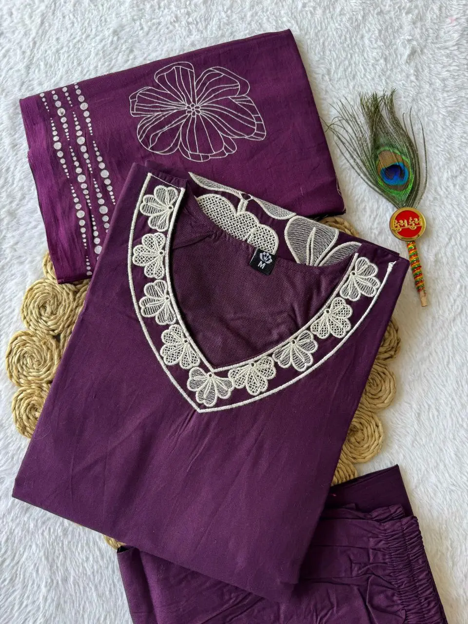 KR 404 Purple Pure Cotton A-Line Kurti Pant Dupatta Set
