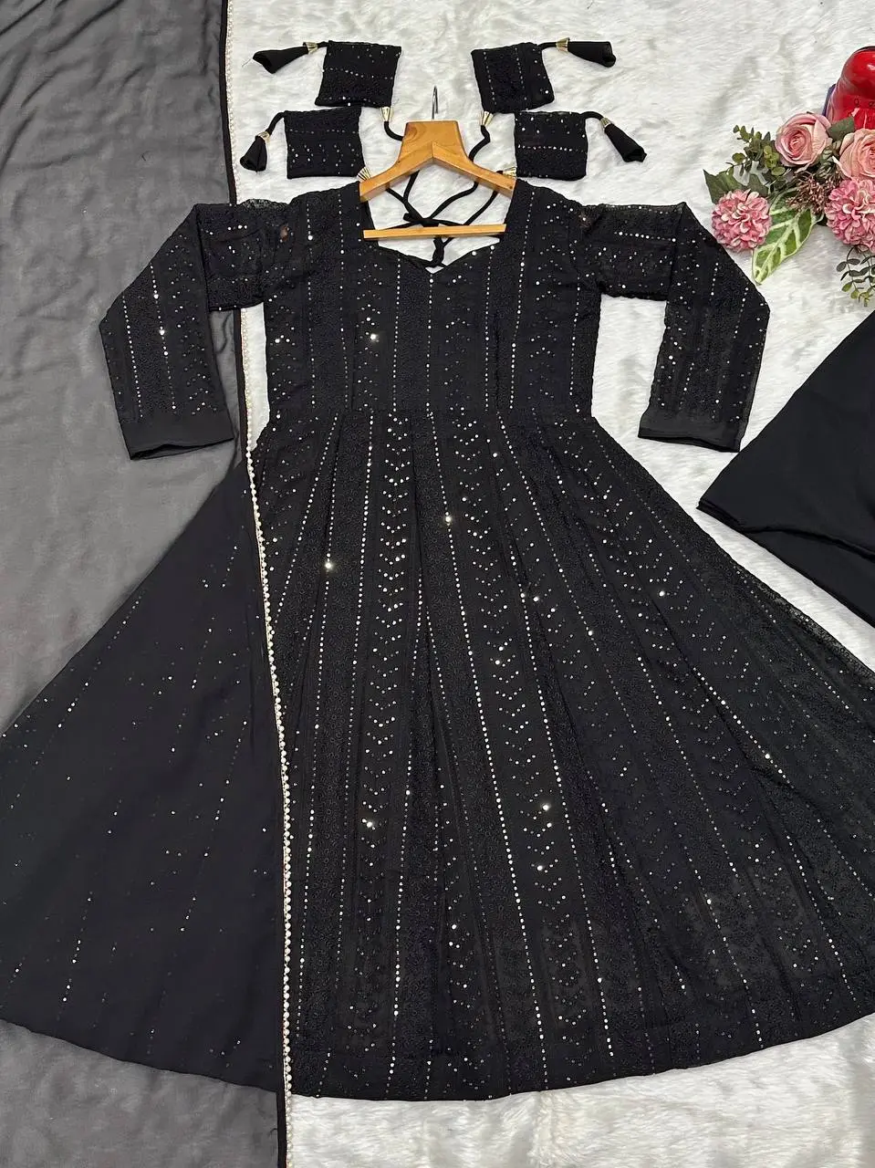 STD 6107 Faux Blooming Black Anarkali Gown Pant Dupatta With Sequence Work