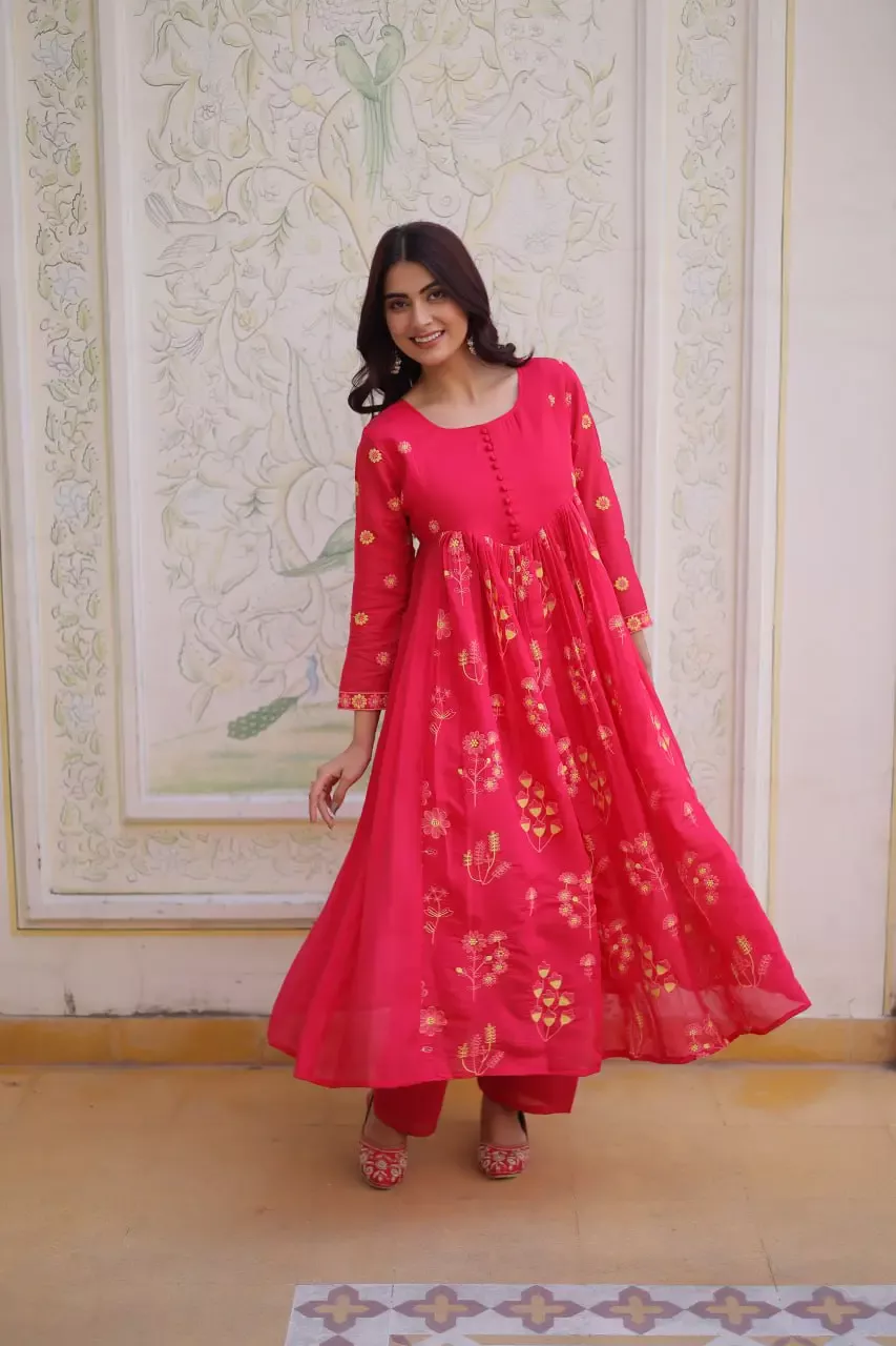 Moni 1238 Mal Chanderi Anarkali Red Gown With Dupatta With Embroidery Work