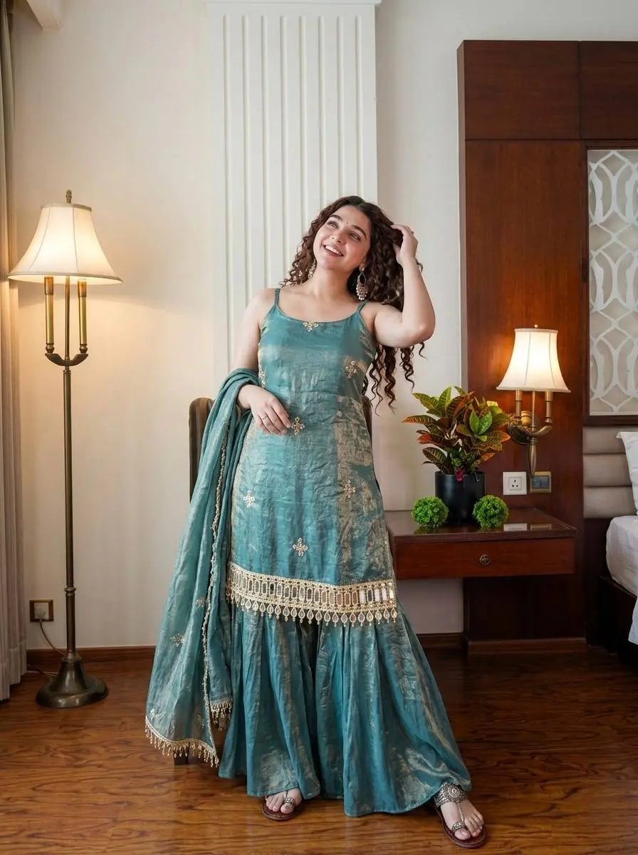 Sabina 5334 Fendy Silk Sky Blue Top With Sharara Suit USA Market