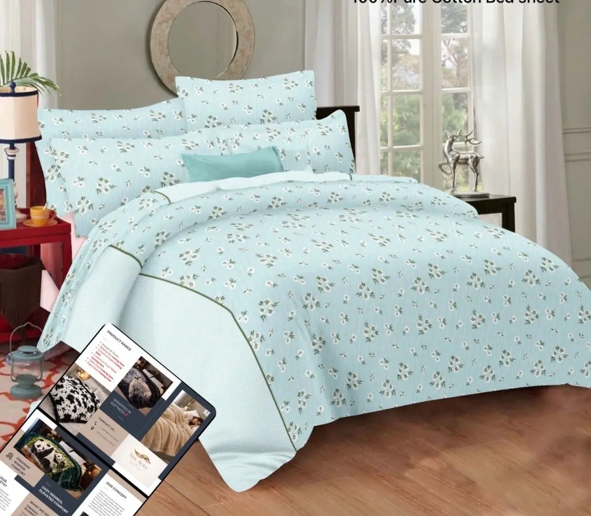 Sky Blue Imported Soft Cotton Big Size 108*108" Bedsheet With Pillow Cover in USA