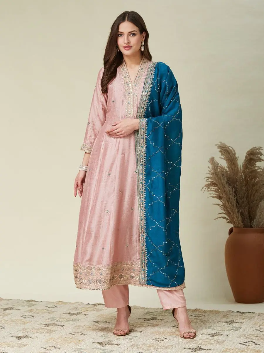Beauty 1007 Pink Vichitra Silk Anarkali Aline Kurti Set
