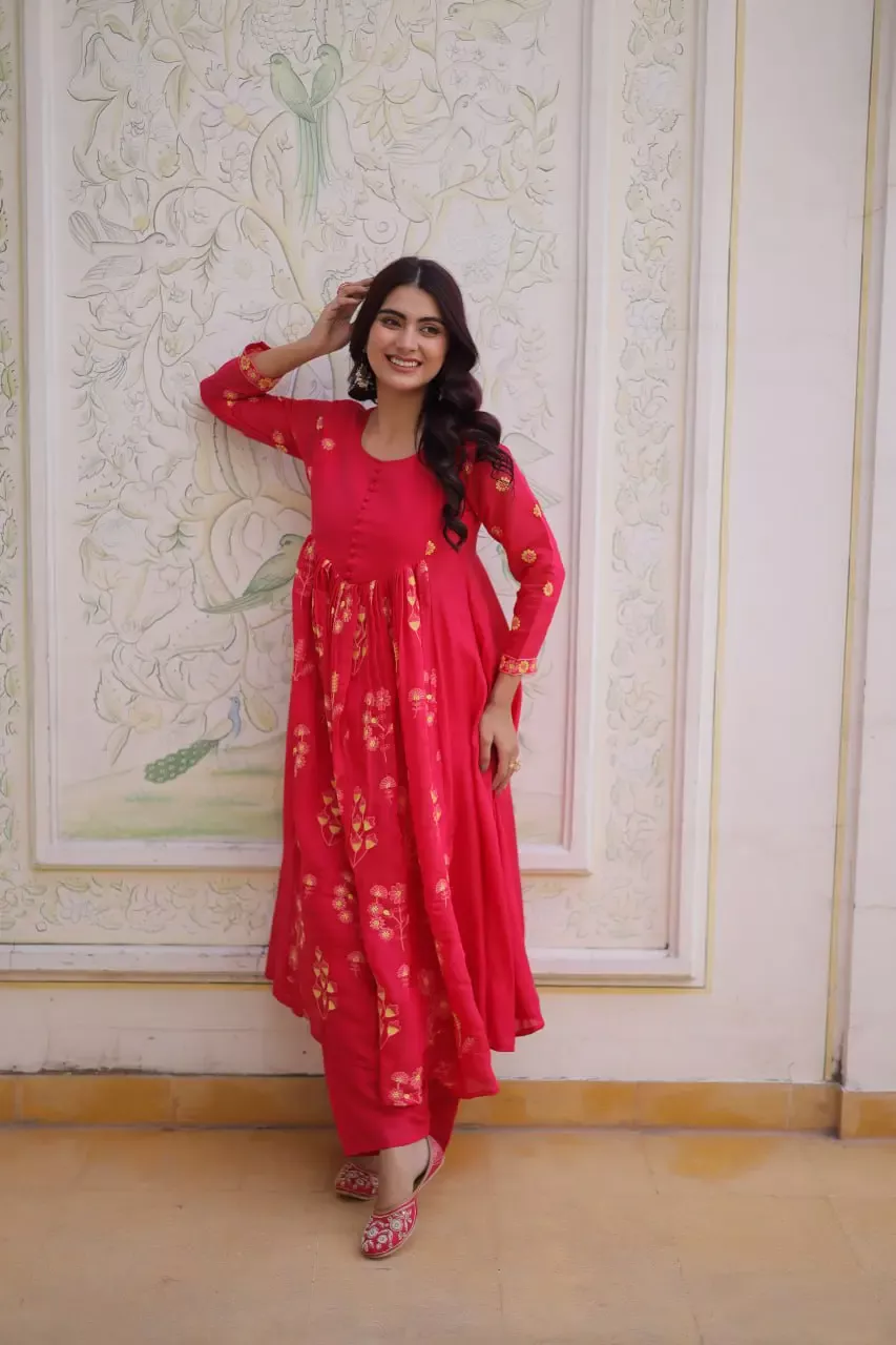Moni 1238 Mal Chanderi Anarkali Red Gown With Dupatta With Embroidery Work