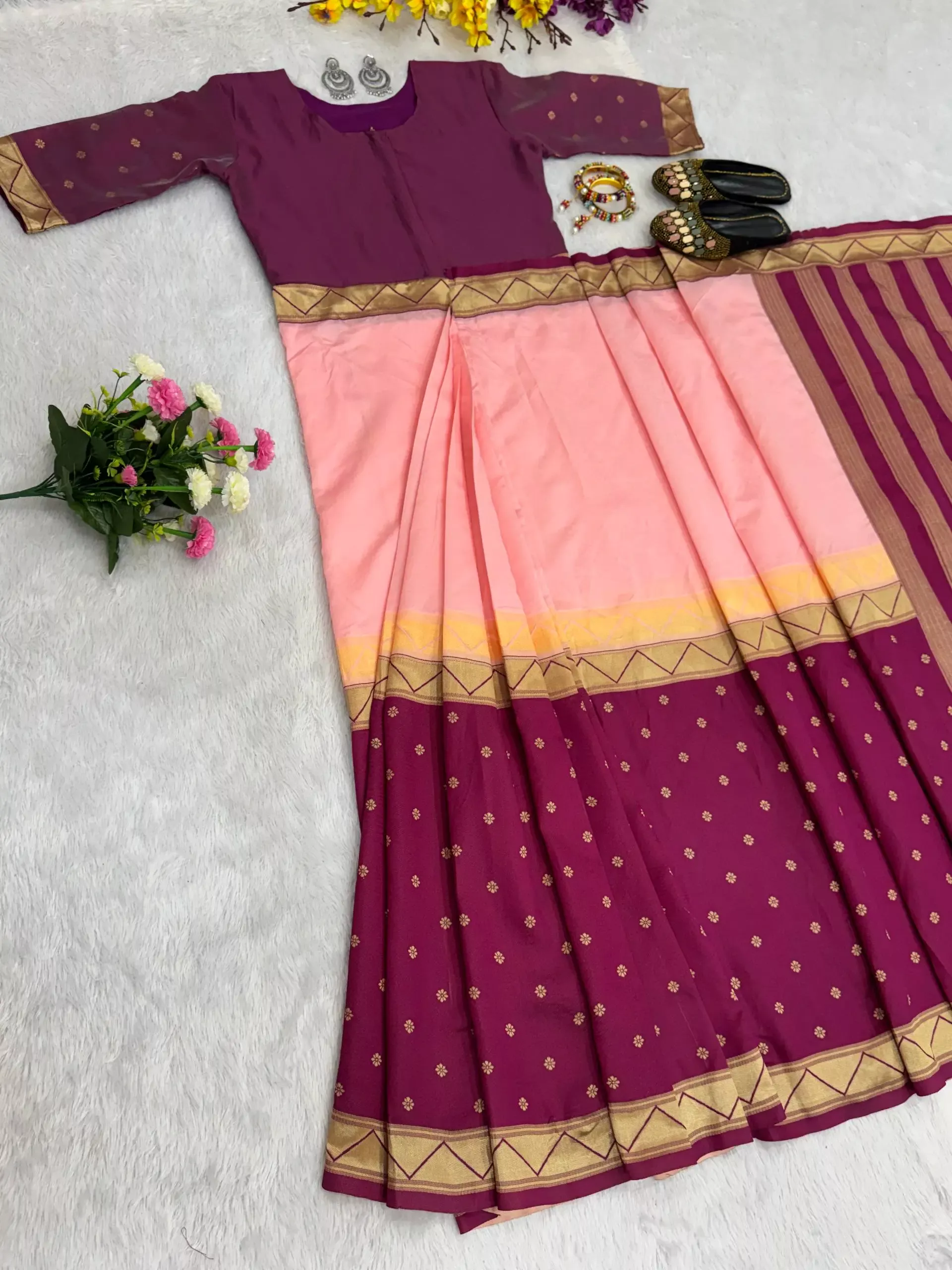 S43S237 Mysore Silk Ready To Wear Gown Saree 1min Collection