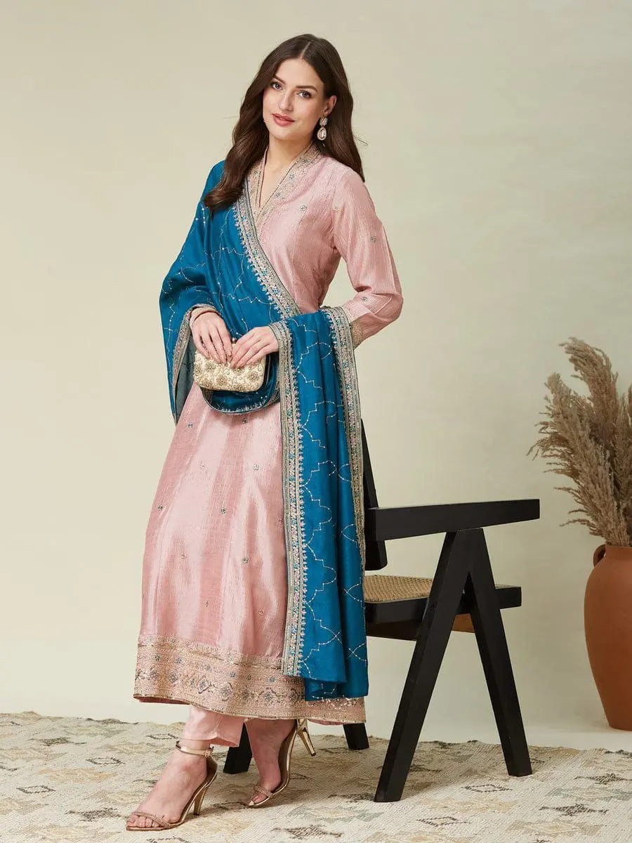 Beauty 1007 Pink Vichitra Silk Anarkali Aline Kurti Set