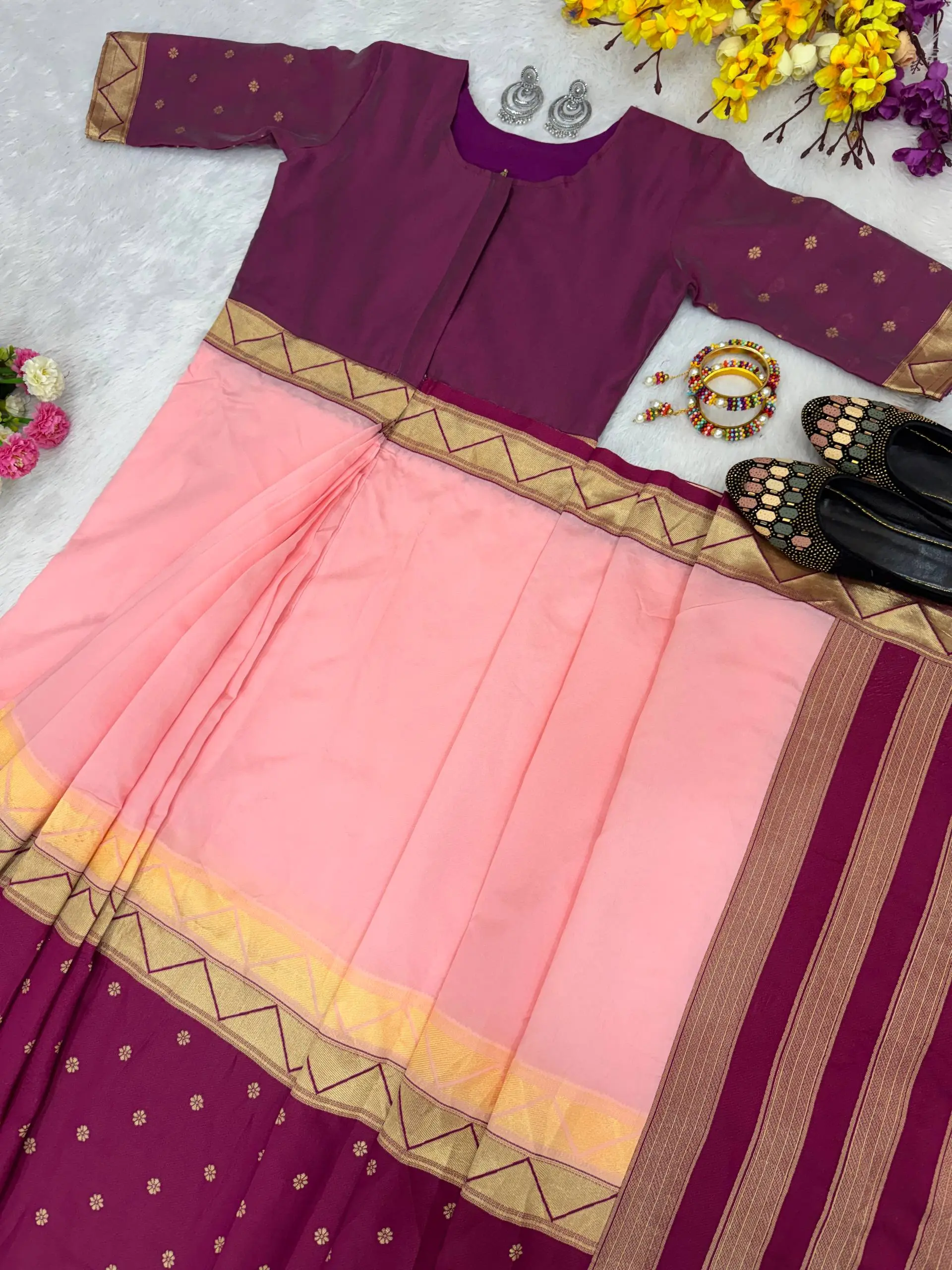 S43S237 Mysore Silk Ready To Wear Gown Saree 1min Collection