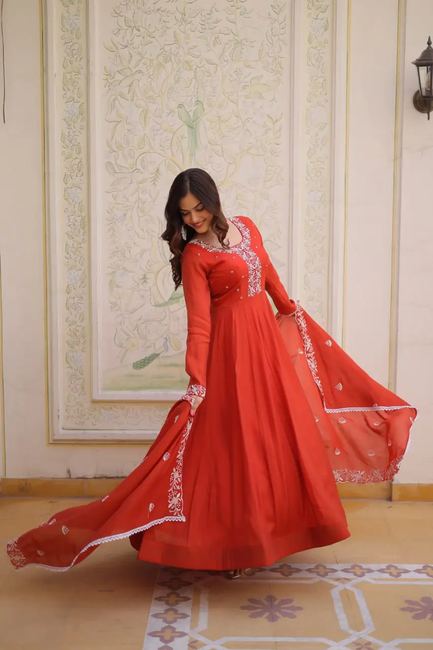 Moni 1244 Mal Chanderi Gown With Dupatta With Embroidery Work