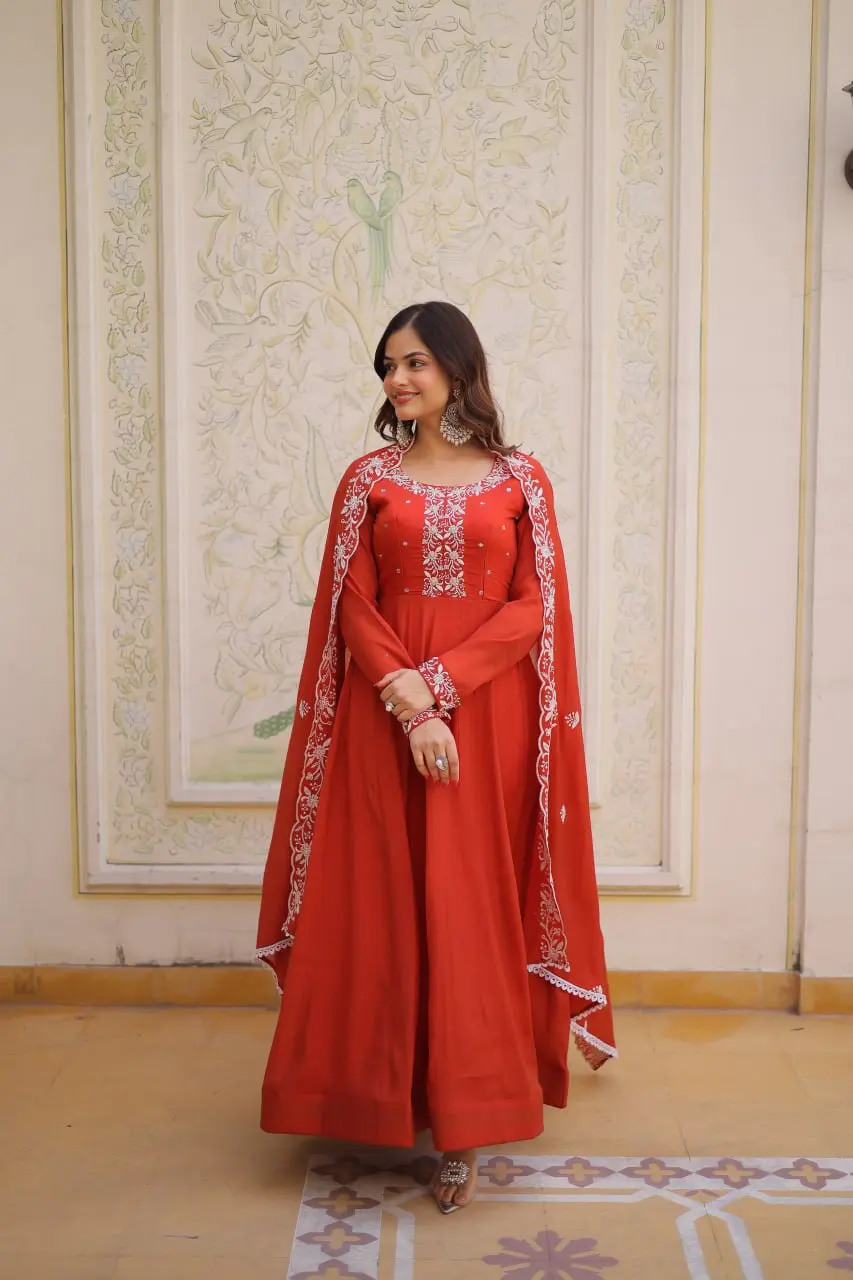 Moni 1244 Mal Chanderi Gown With Dupatta With Embroidery Work